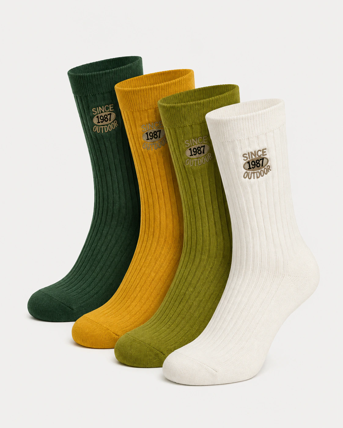 Ribbed crew socks in green, yellow and cream with cuff lettering