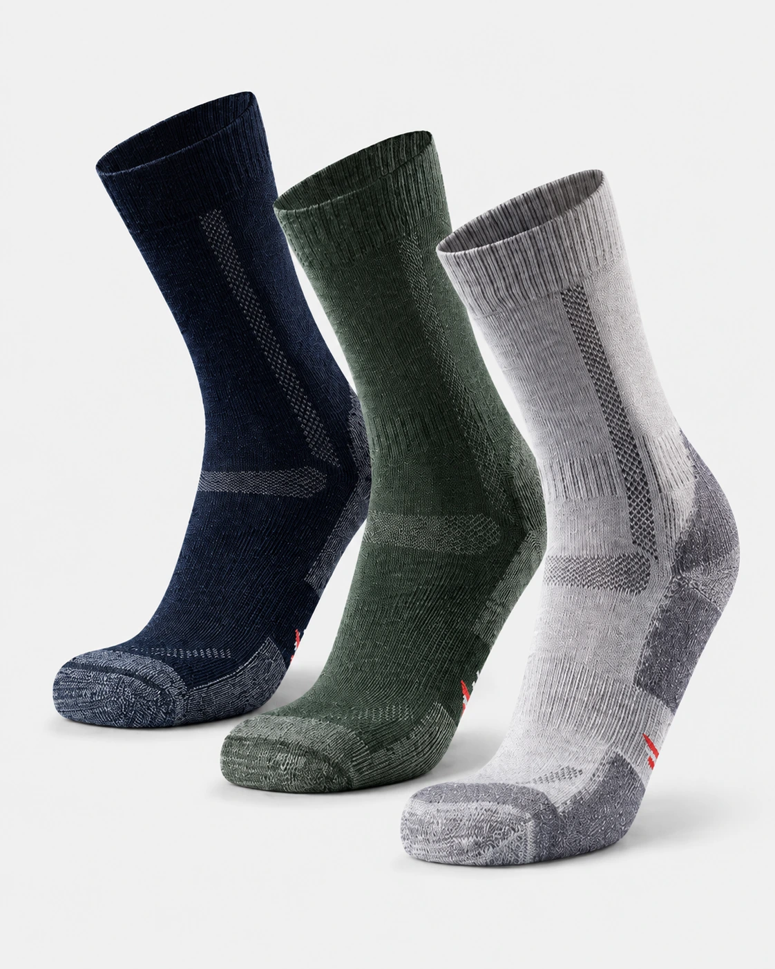 Navy, green and grey crew socks with contrasting heel and toe panels